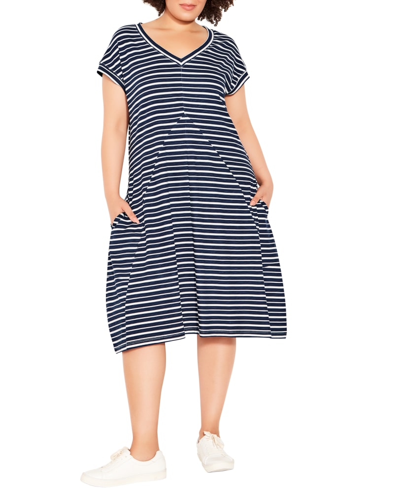 Front of a model wearing a size 14 Lilly Striped Dress in Navy / White by Zim & Zoe. | dia_product_style_image_id:214168